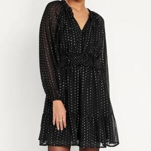 Old Navy 2X Black Metallic Swiss Dot Mini Dress Smocked Waist NWOT Party